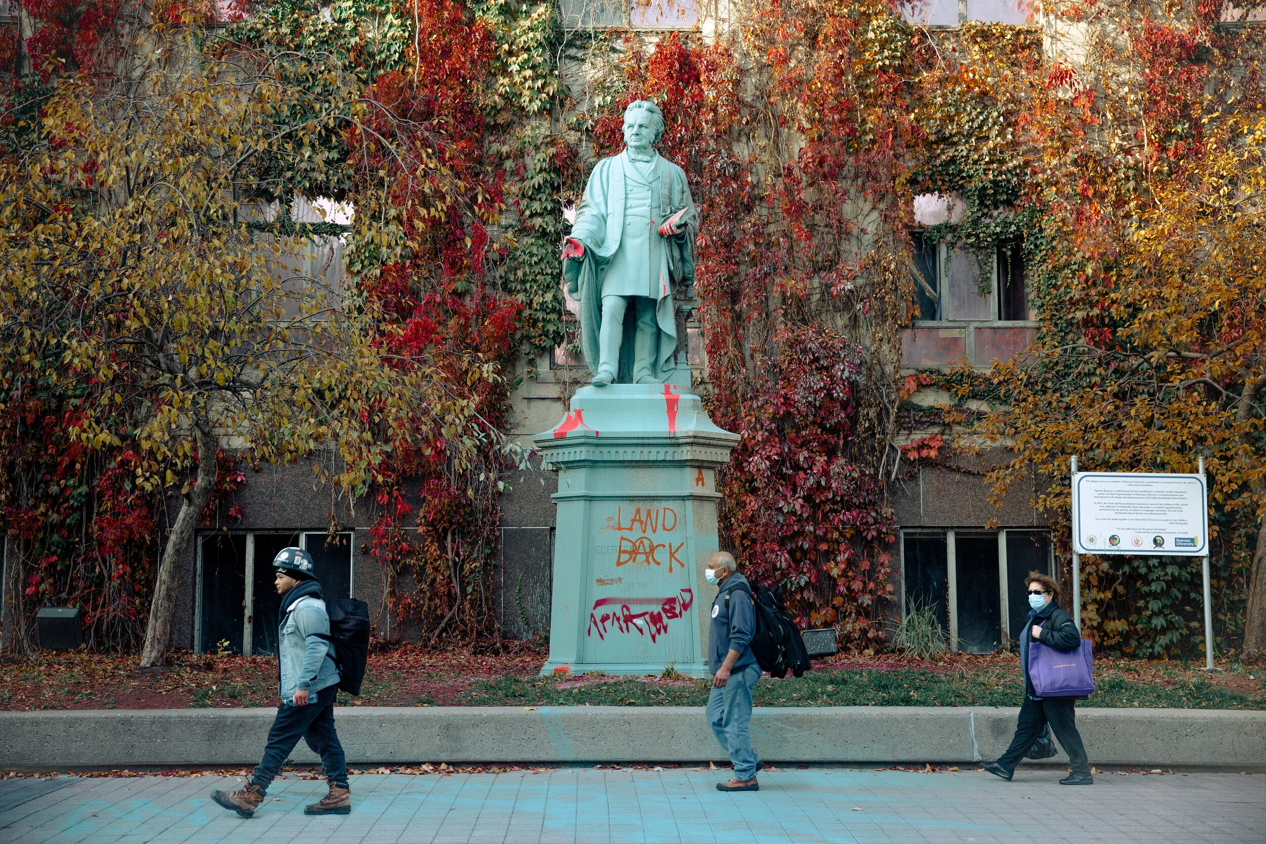 (1/3) The statue of Egerton Ryerson, the architect of the residential school system, along with the statue of John A. Macdonald and King Edward VII were defaced in an art-based BLM protest in Toronto on July 18th. The statues exalt figures who have h
